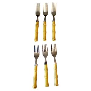Vintage Bamboo Handled Stainless Steele Forks Set of 6 Light Colored